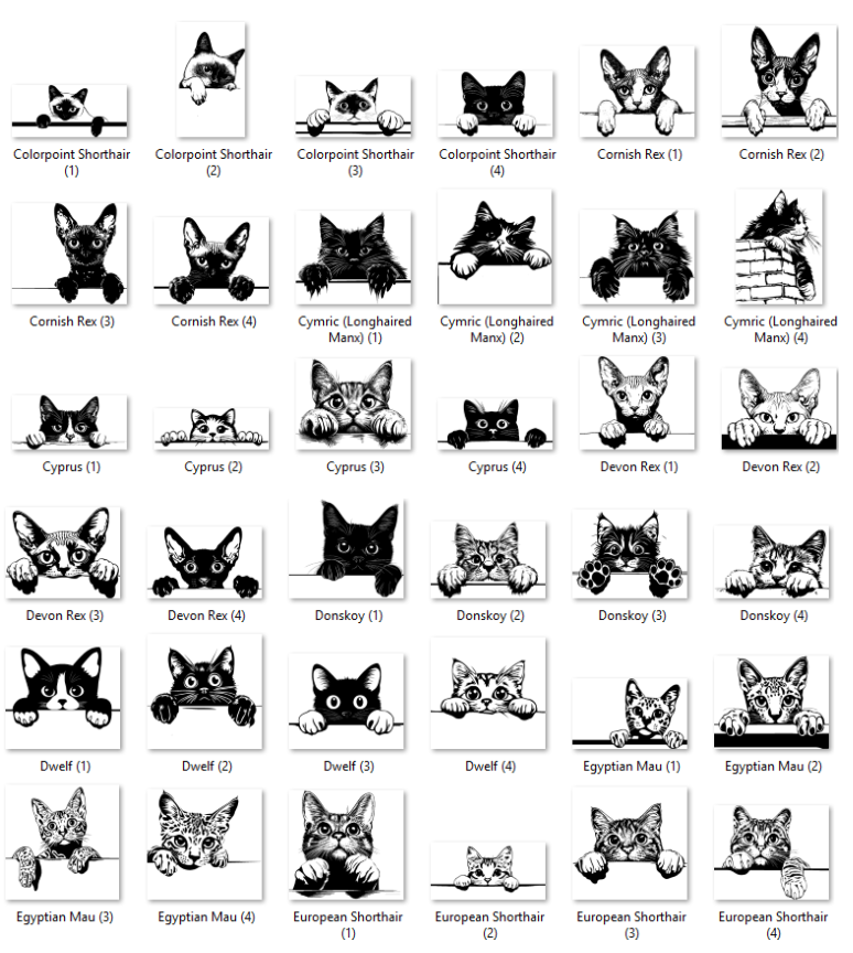 Illustrations of various cat breeds with labels