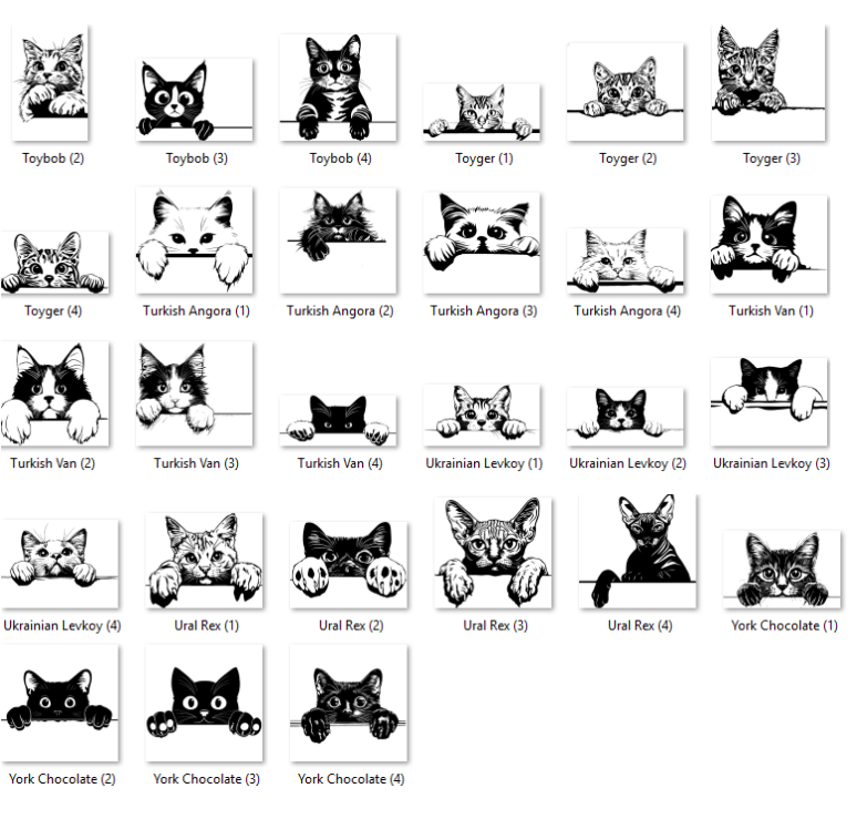 Illustrations of various cat breeds with labels