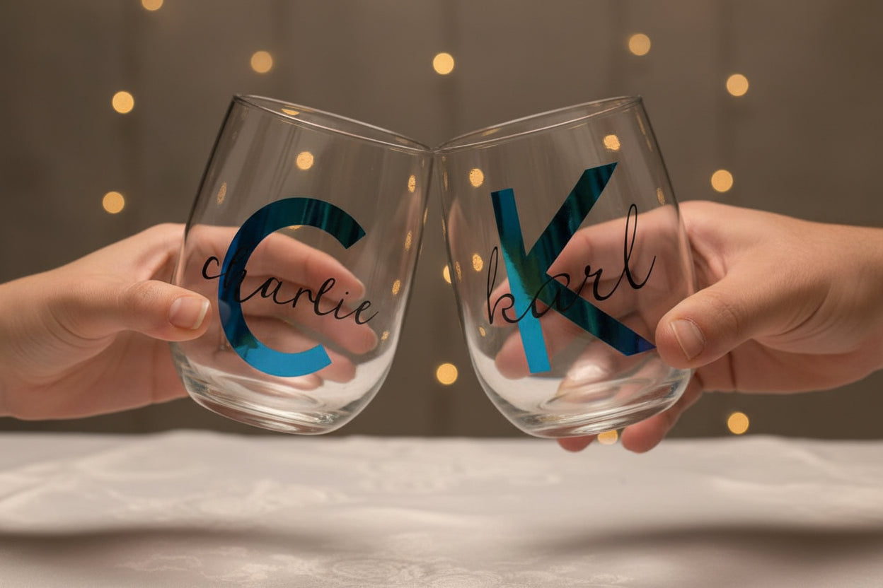 Two clear stemless wine glasses with personalized names 'Charlie' and 'Karl' on a light background.