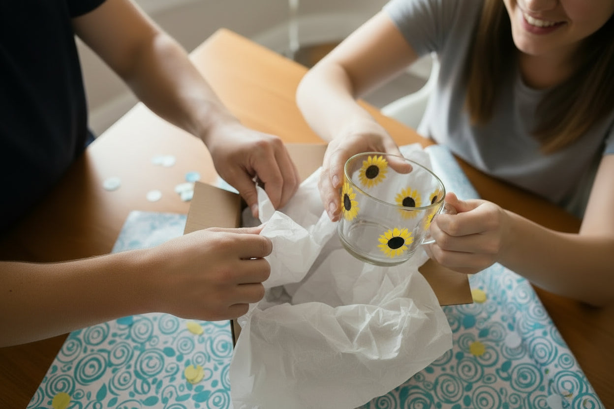 Two people sitting at a table with a decorated glass mug featuring sunflower designs.