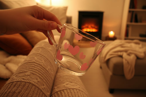 Clear glass mug with pink heart designs held by a hand in a cozy indoor setting.