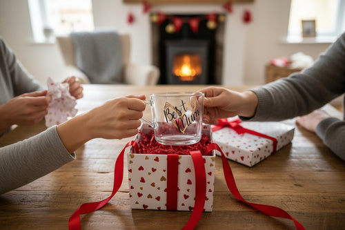 Person receiving a glass mug with 'Best Mum' text from another person, surrounded by Christmas decorations.