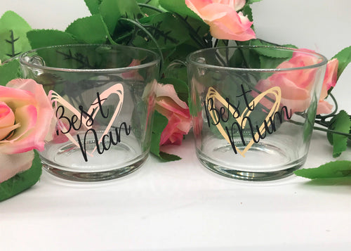 Two glass mugs with 'Best Nan' and 'Best Mum' text on for Mother's day gift