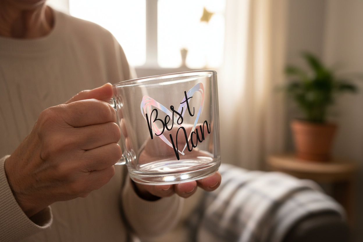 Person holding a clear mug with 'Best Man' text and butterfly design indoors.