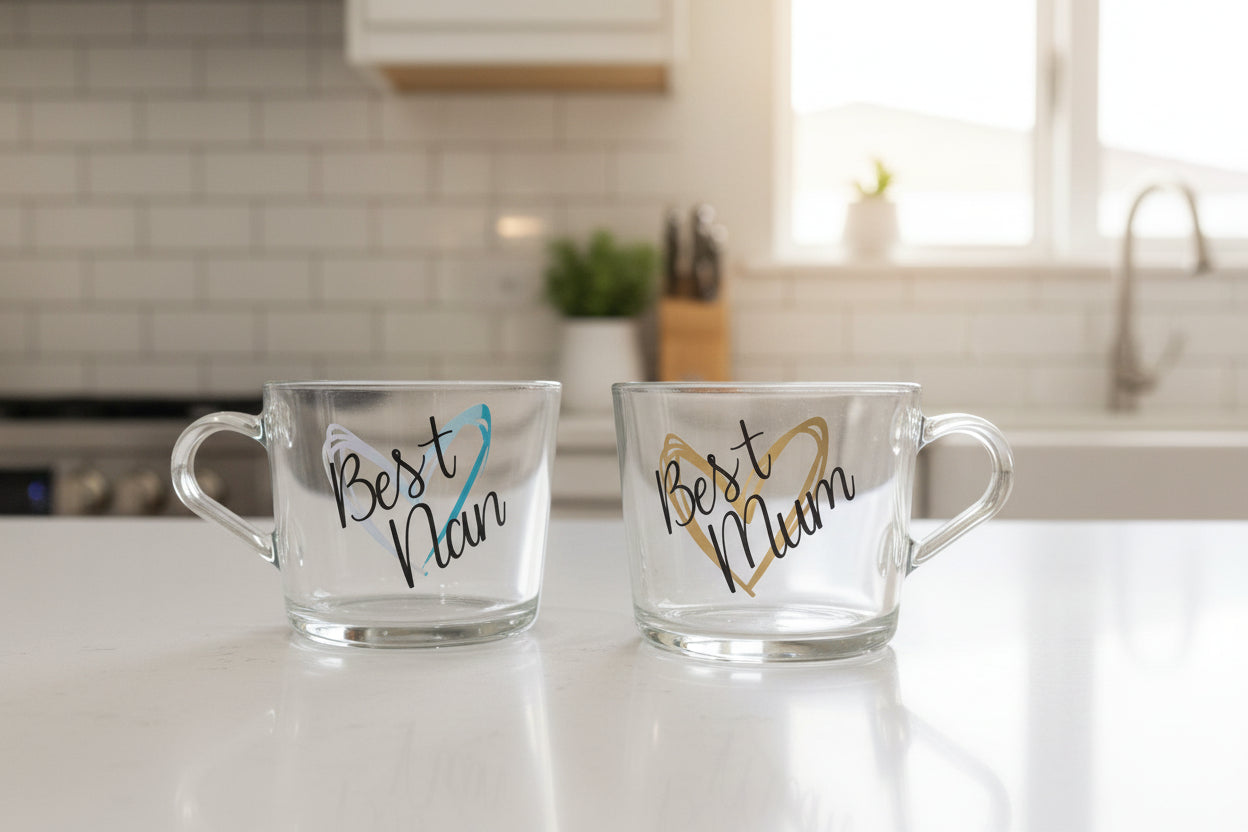 Two clear glass mugs with 'Best Nan' and 'Best Mum' text on a kitchen counter.