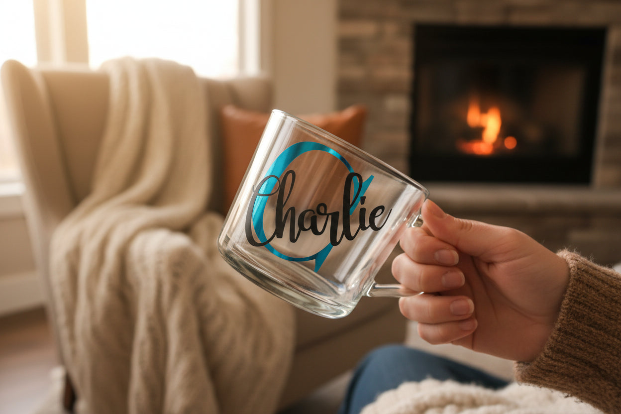 Person holding a clear mug with 'Charlie' written on it in a cozy living room with a fireplace.