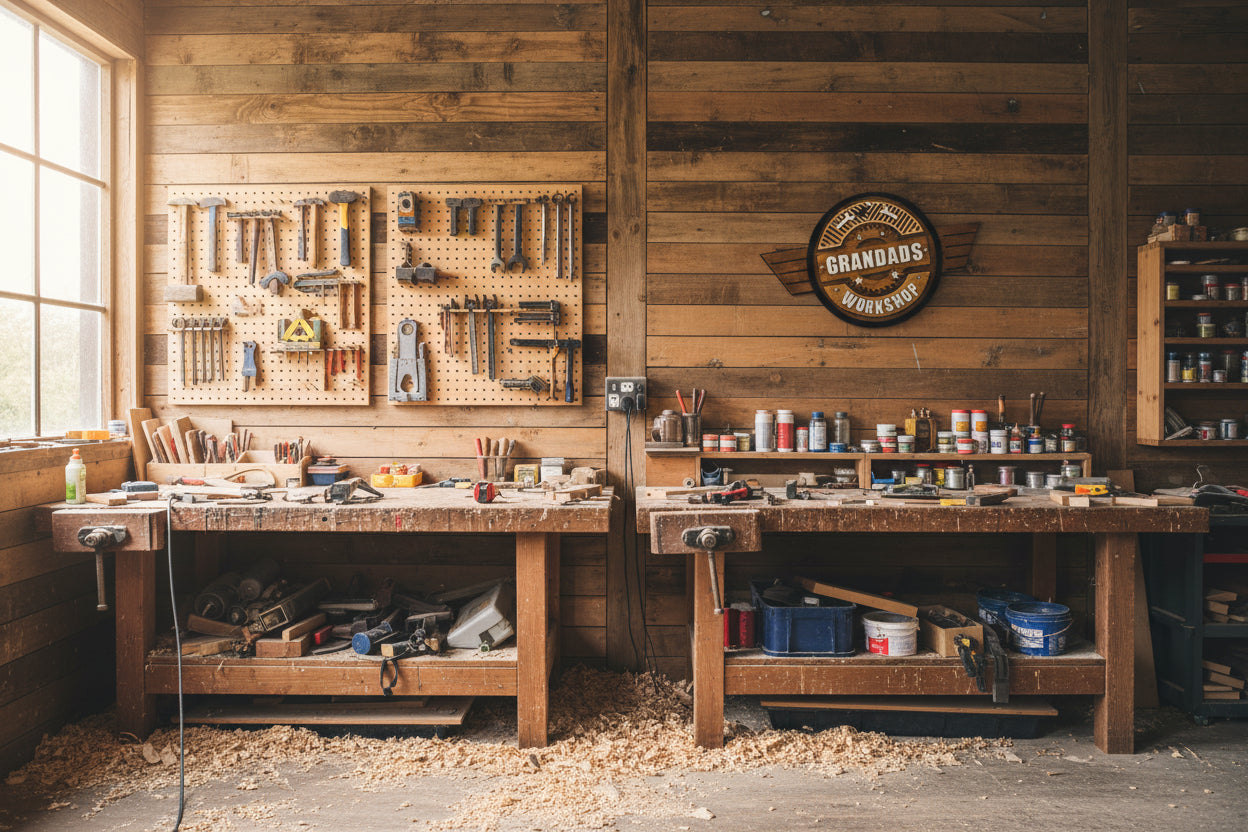 Wooden workshop with tools on pegboards and workbenches.