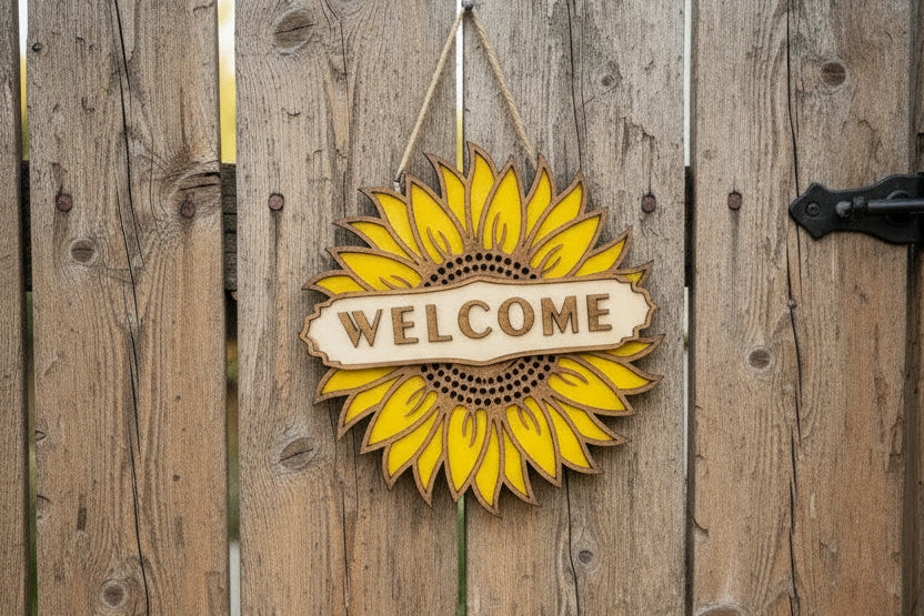 Wooden 'Welcome' sign with sunflower design on a wooden fence.