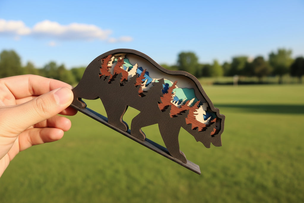 Hand holding a bear-shaped cutout with colorful figures against a green field background