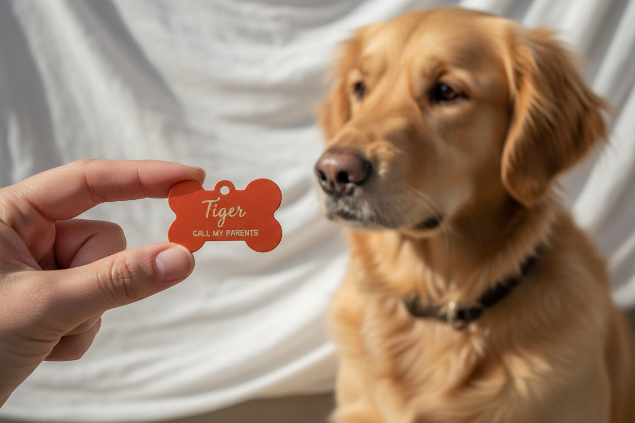 Red custom engraved dog tag with a happy dog