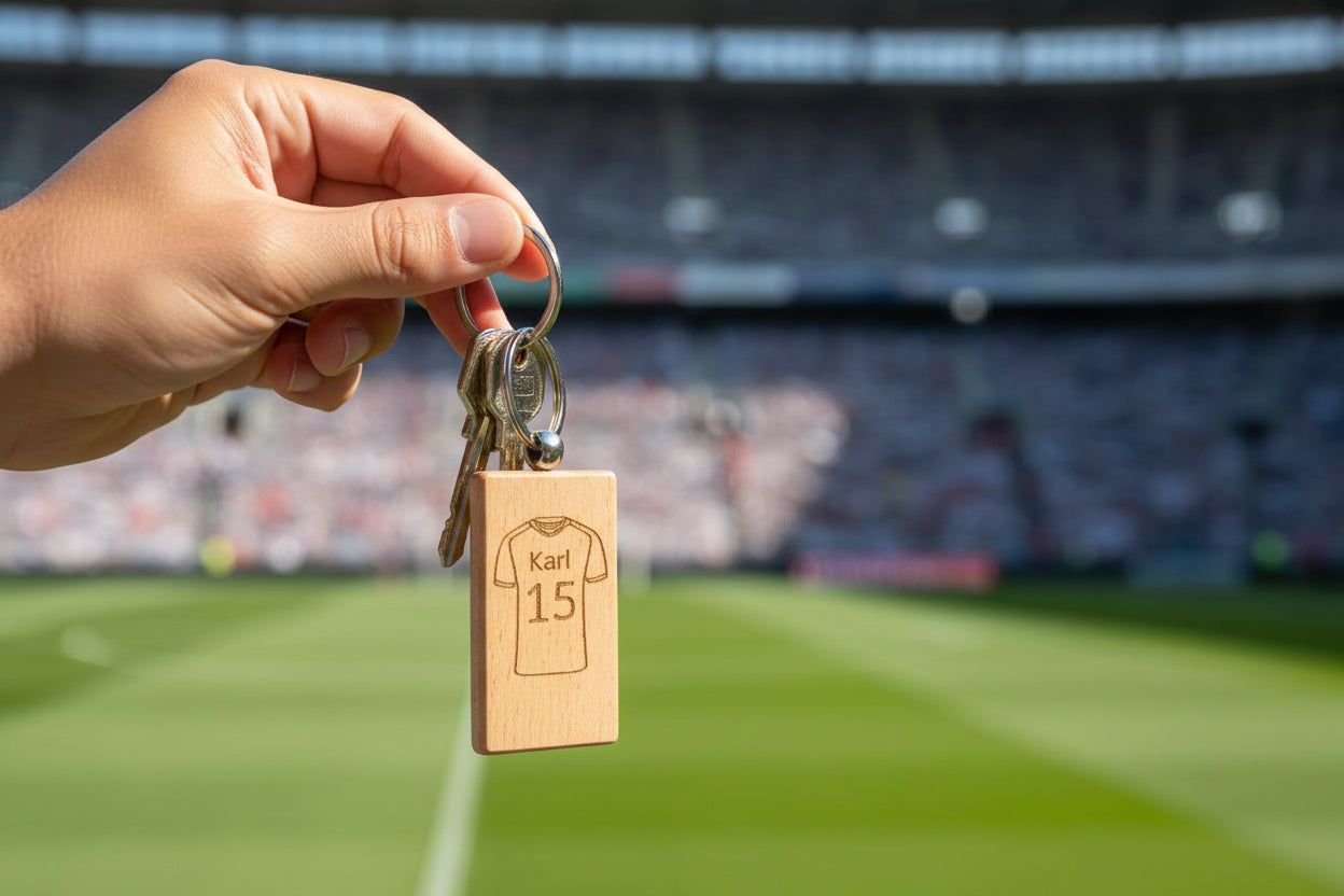 Wooden keychain with laser-cut custom football design