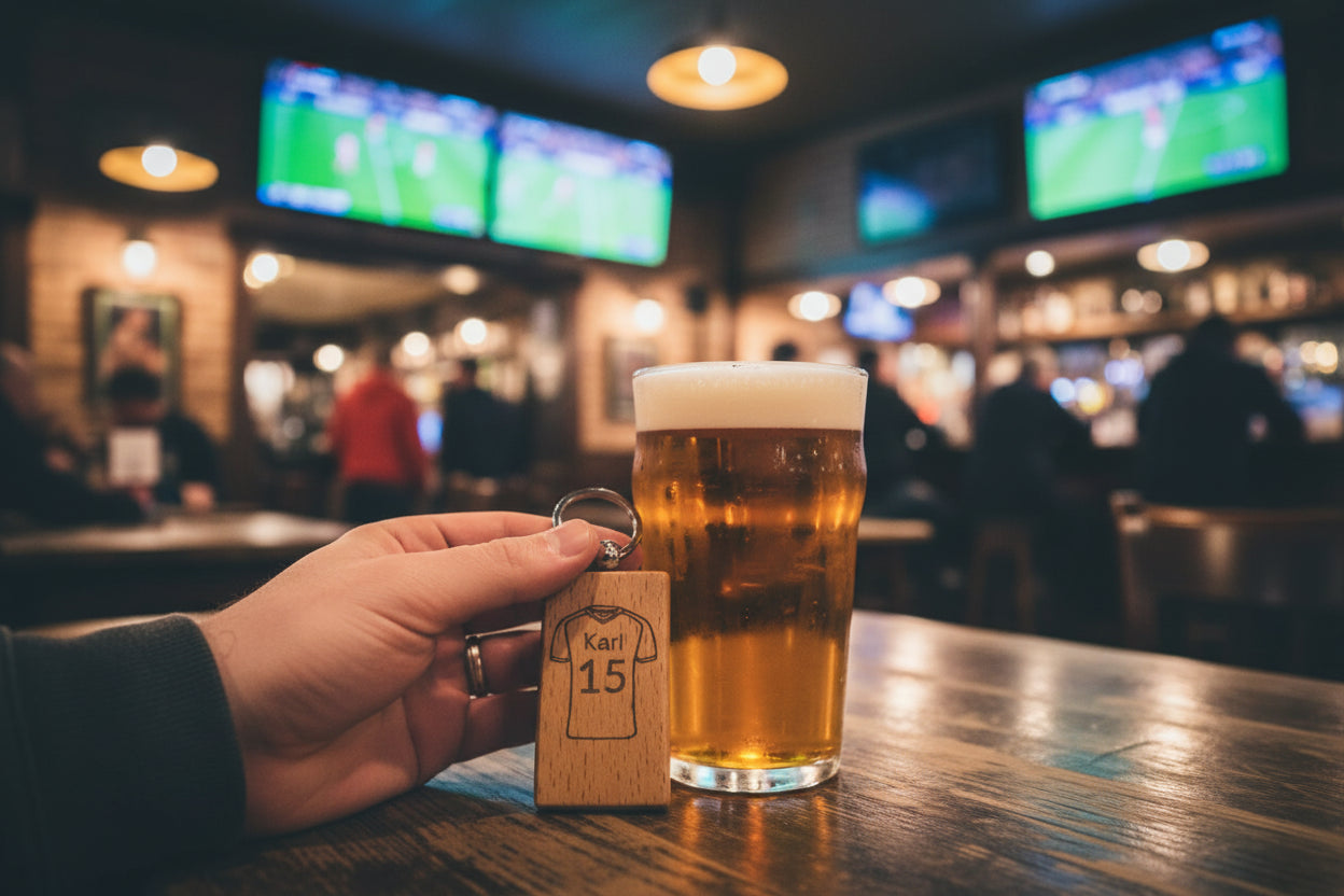 Wooden keychain with engraved football shirt and custom name and number design