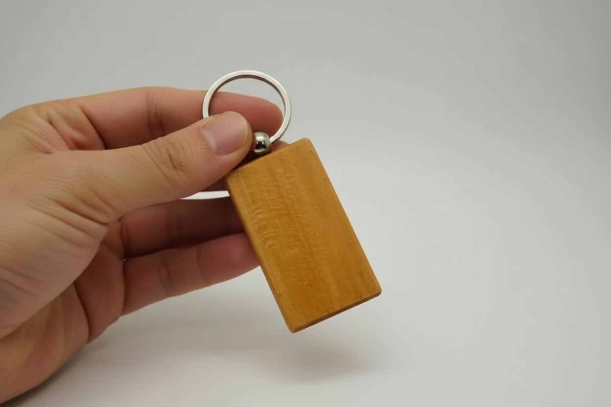 Wooden keychain with metal ring on a white background