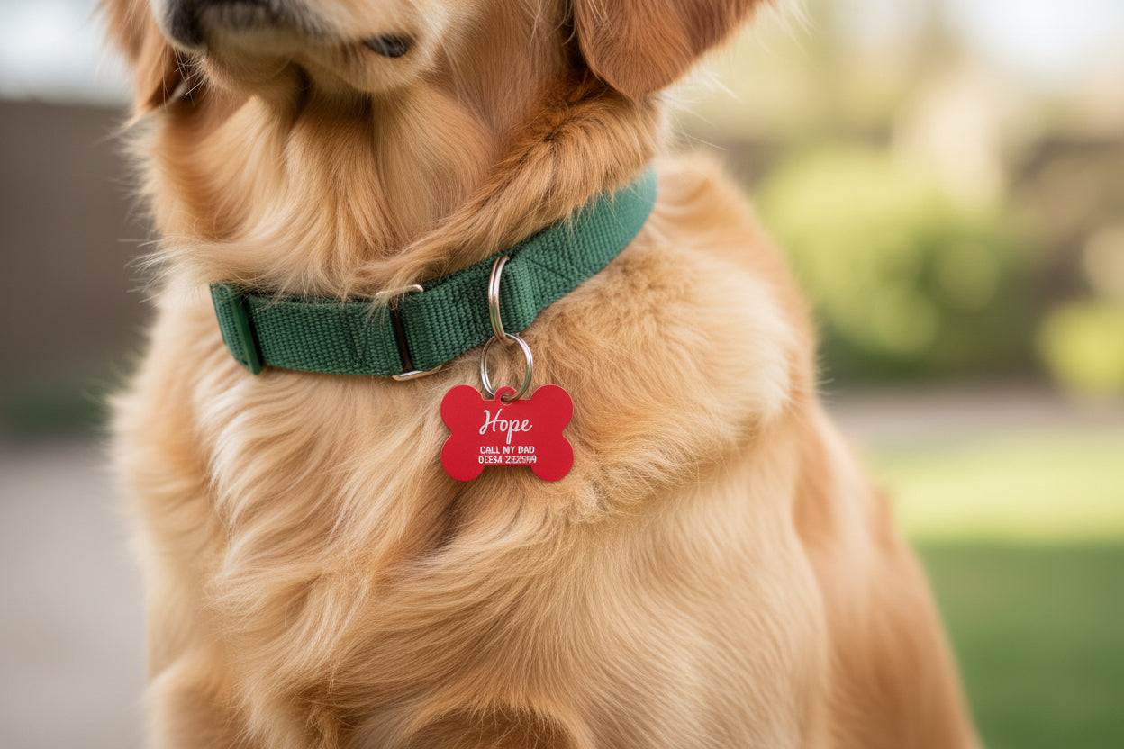Custom red pet tag with 'Hope' on a dog collar