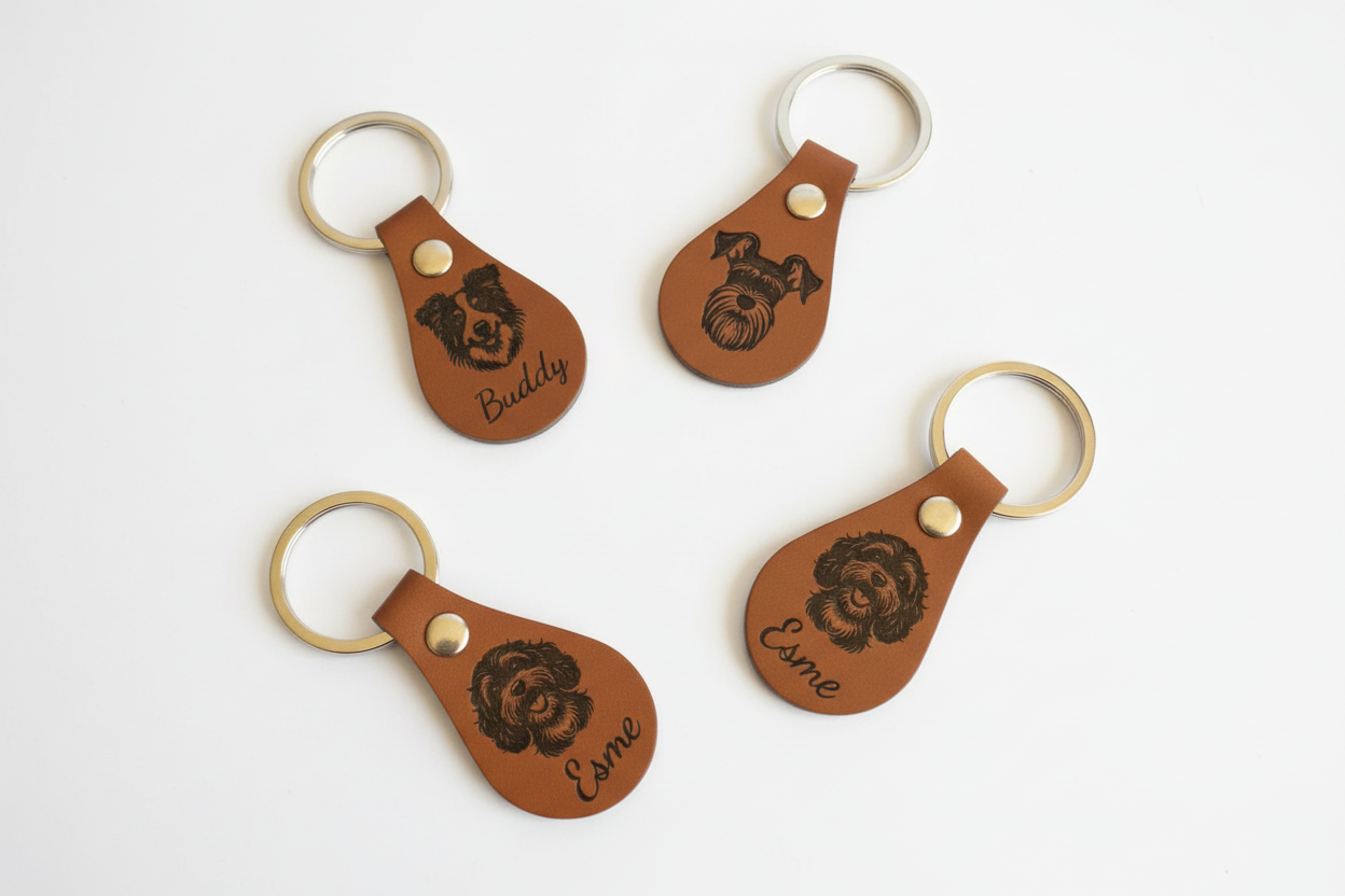 Set of leather keychains with engraved dog breeds on with pet names