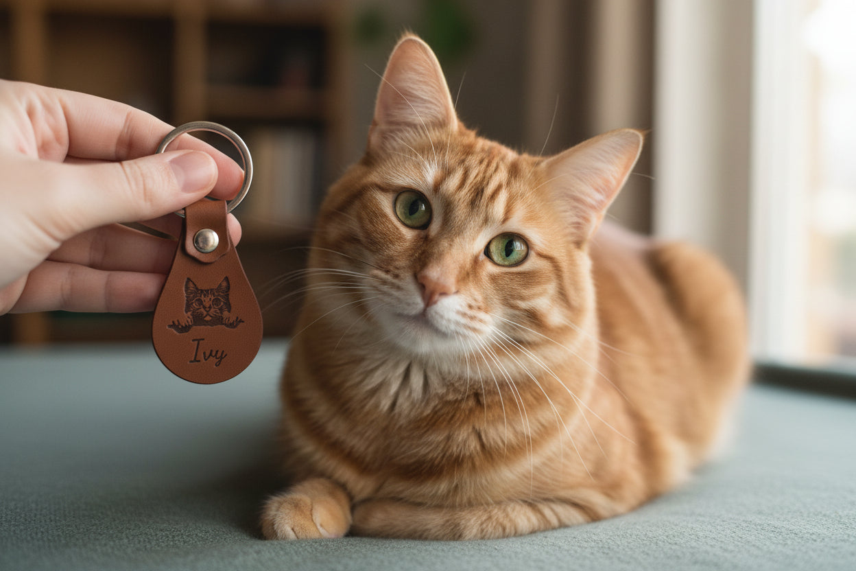 Tan leather keychain with a cat breed and pet name engraved