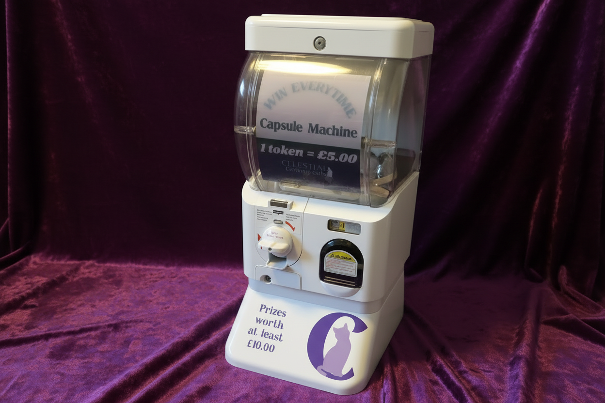 Capsule machine with a sign indicating it takes tokens and dispenses prizes.