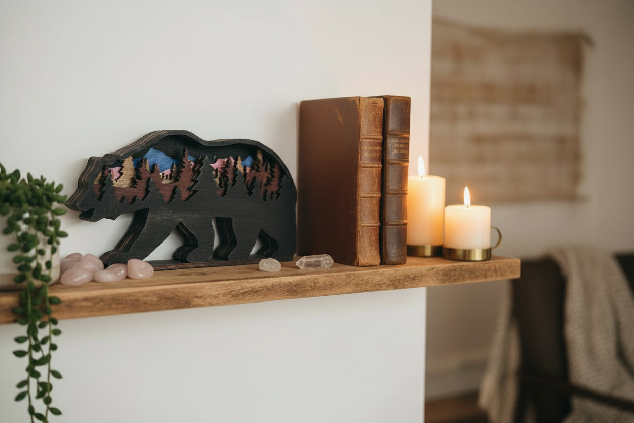 Wooden bear decorative gift with nature scene inside 