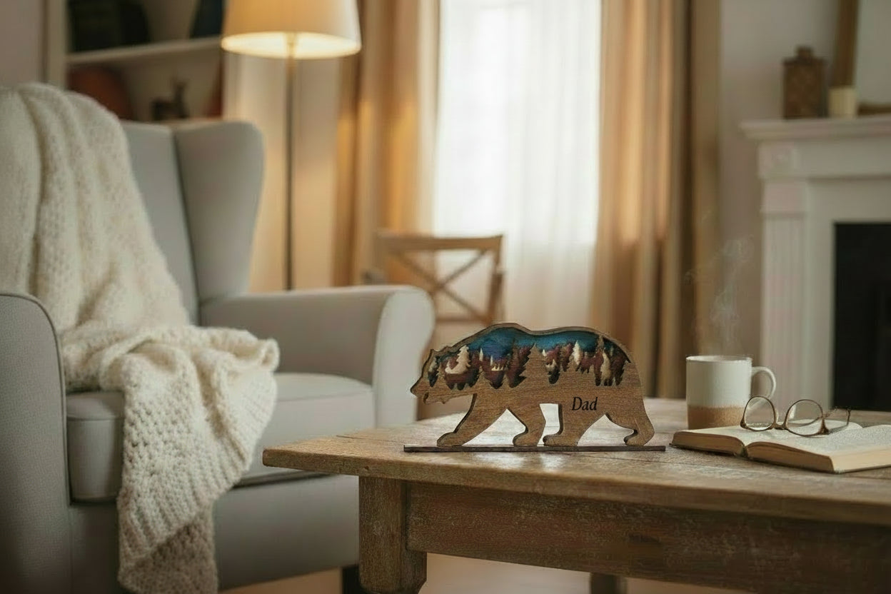 Wooden bear-shaped decorative piece with a landscape inside