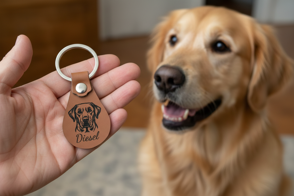Person holding a leather keychain with a dog's name and breed, next to a happy dog.