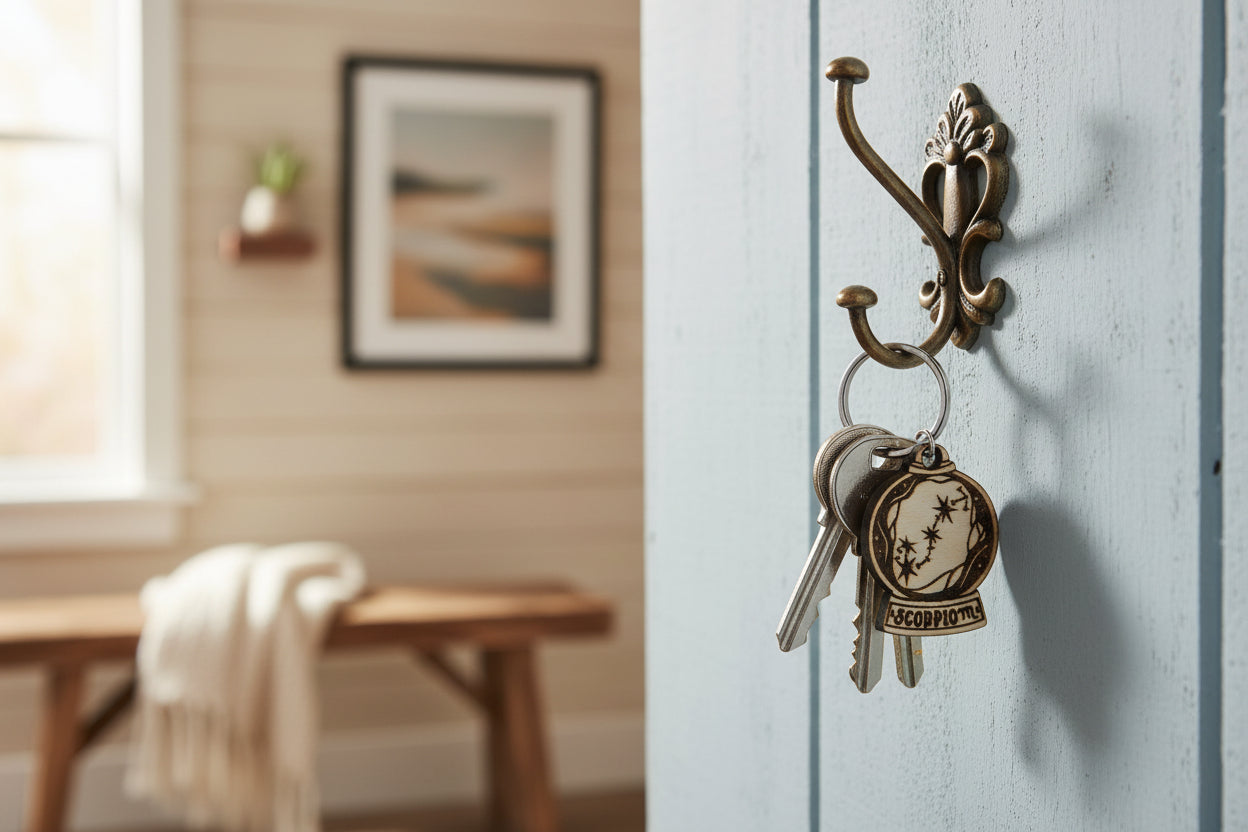 Wooden Zodiac keychain with 'Scorpio' design on