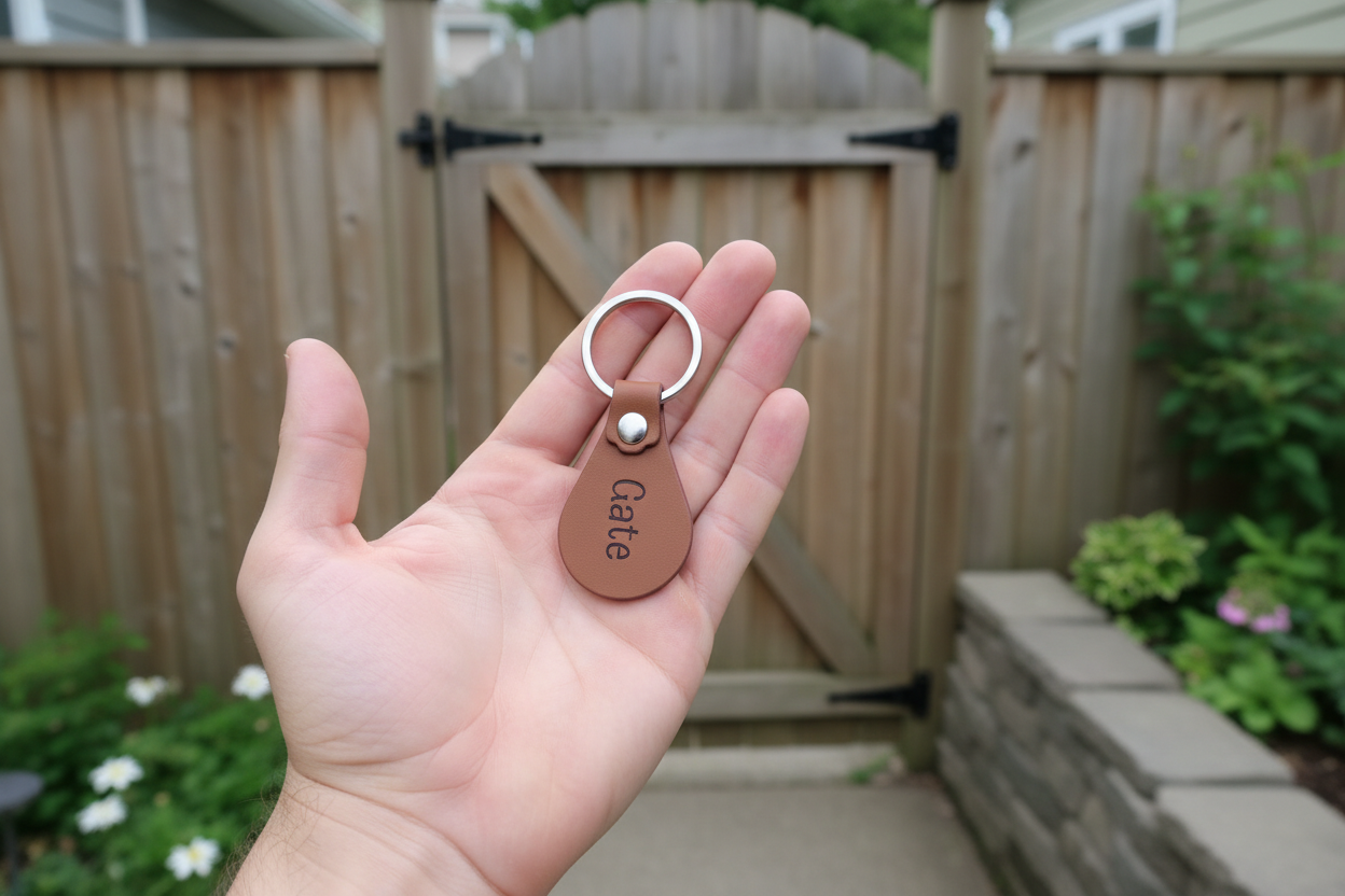 Hand holding a keychain with a leather tag labelled 'Gate' in an outdoor setting.