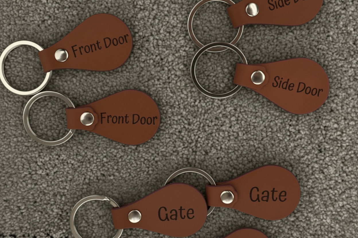 Set of leather keychains with 'Gate' engraved on them.