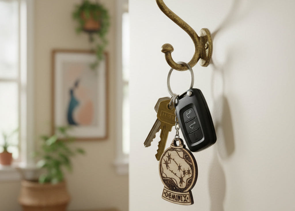 Zodiac globe keychain with keys and a car key fob attached to a hook on a wall.