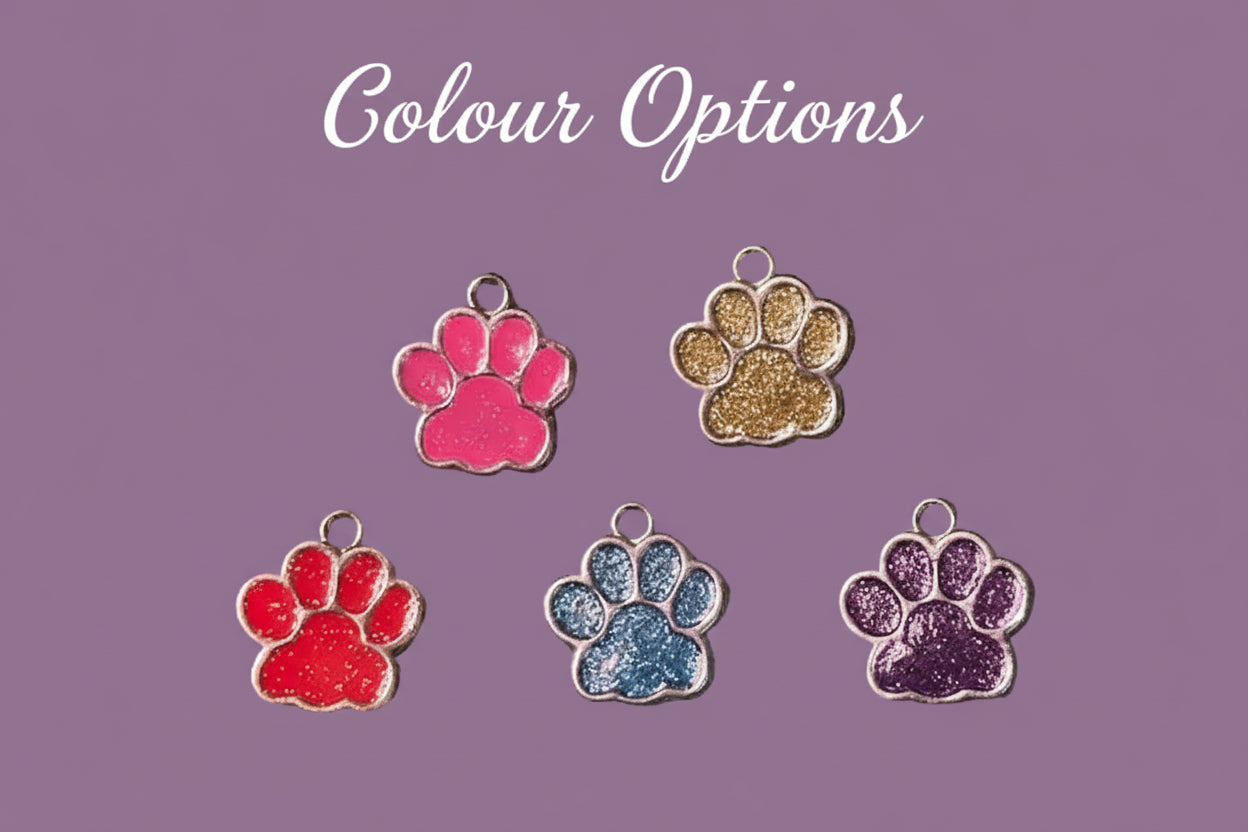 Colourful glittery paw print pet tags