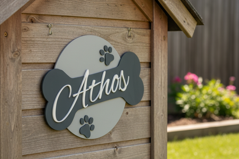 Personalized pet name sign with 'Athos' on a textured surface