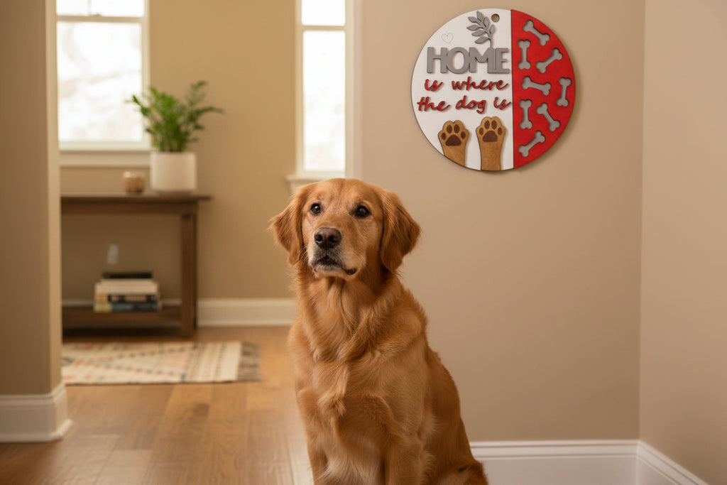 Round decorative dog sign with bones, paw prints, and text on