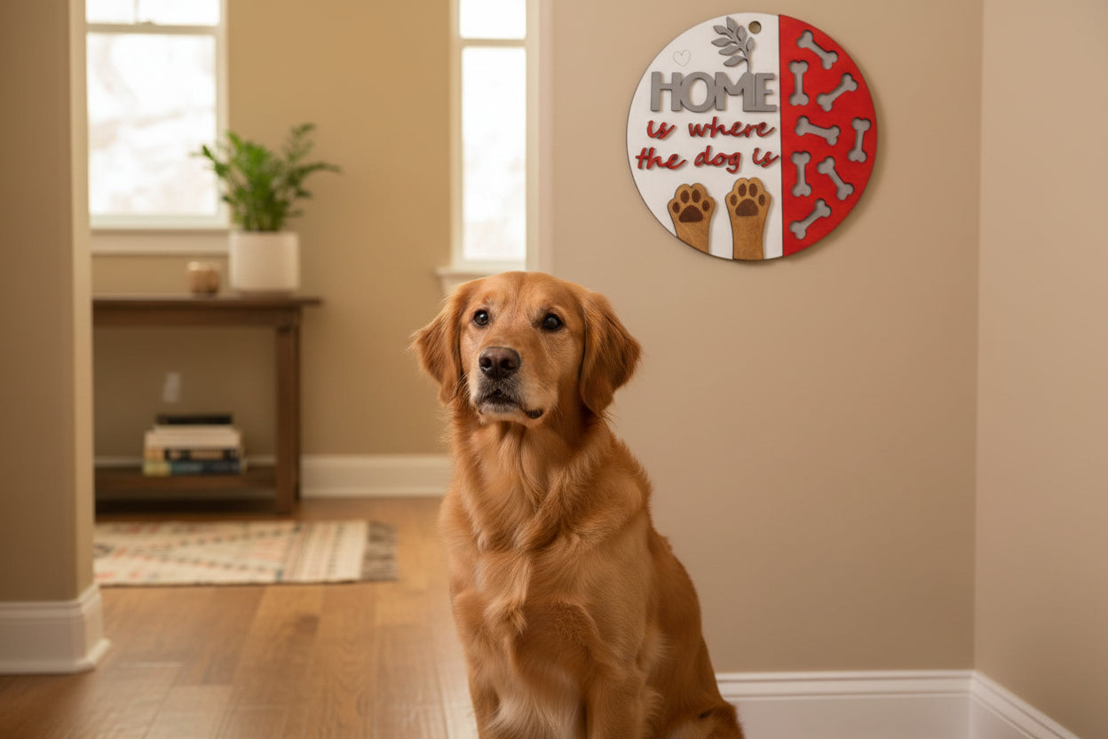 Round decorative dog sign with bones, paw prints, and text on