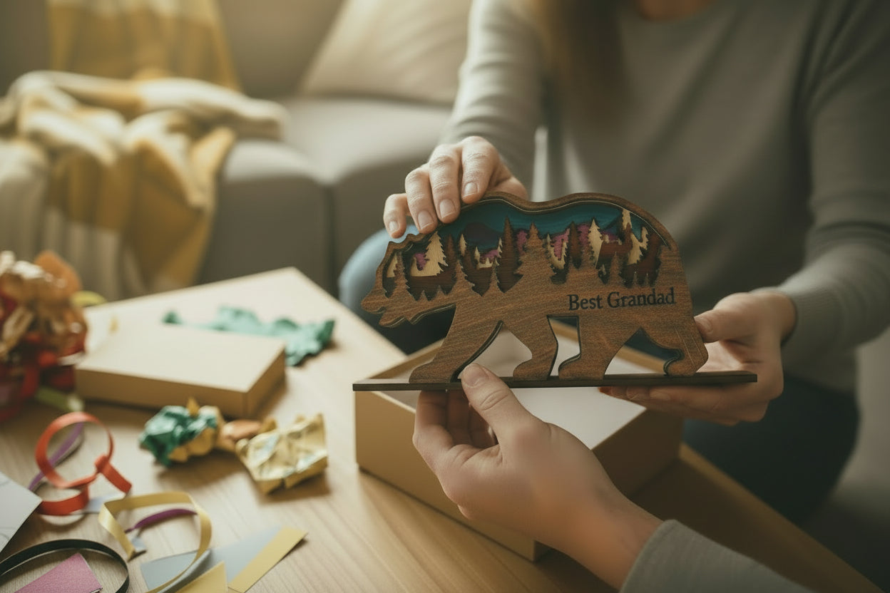 Wooden bear-shaped ornament with cut-out design of a forest 