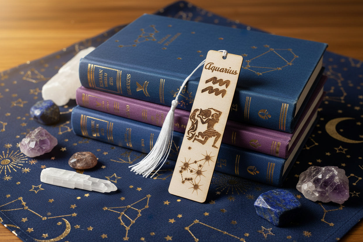 Bookmark with Aquarius zodiac symbol and tassel 