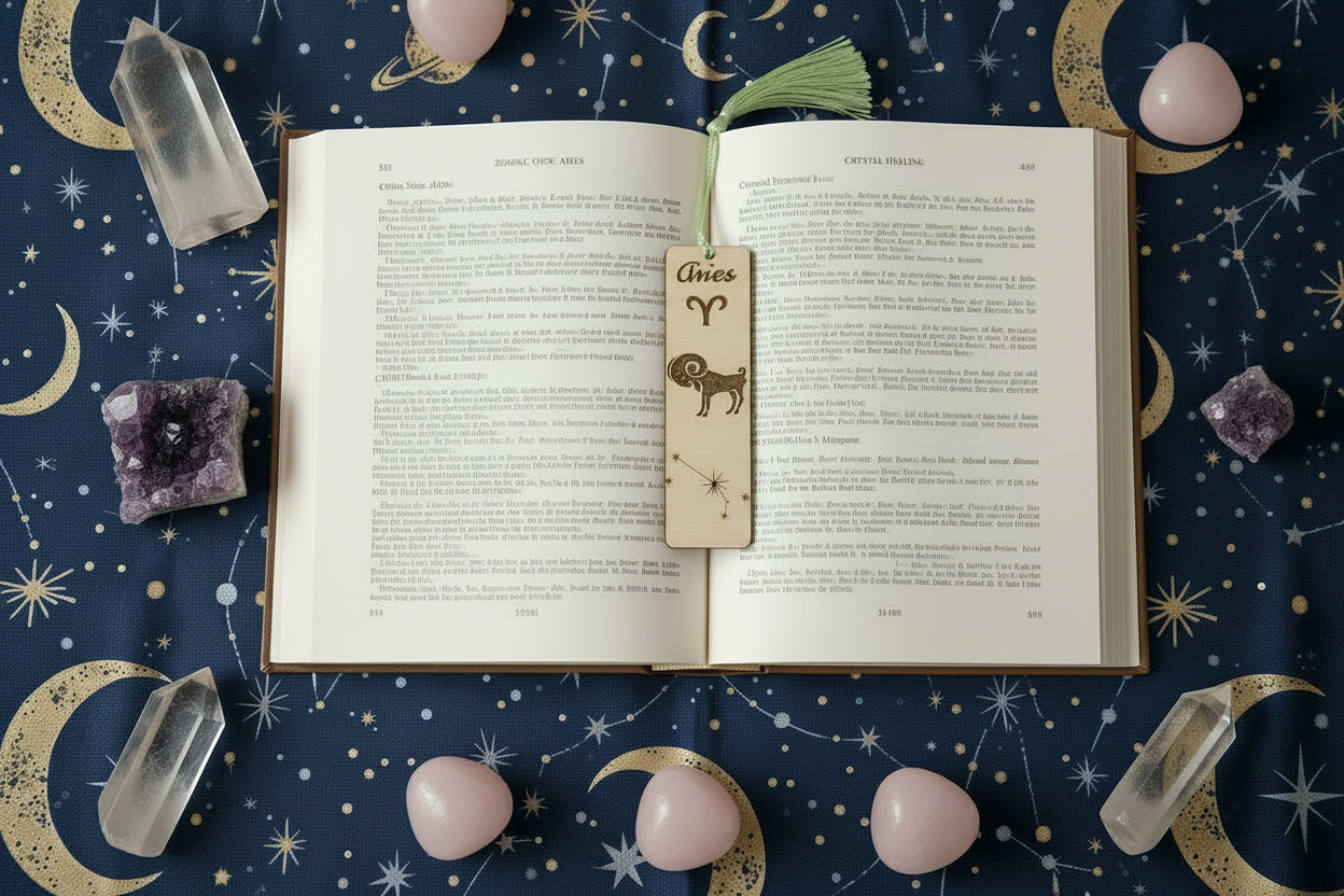 Open book with Aries bookmark on a starry night-themed background with crystals and celestial elements.
