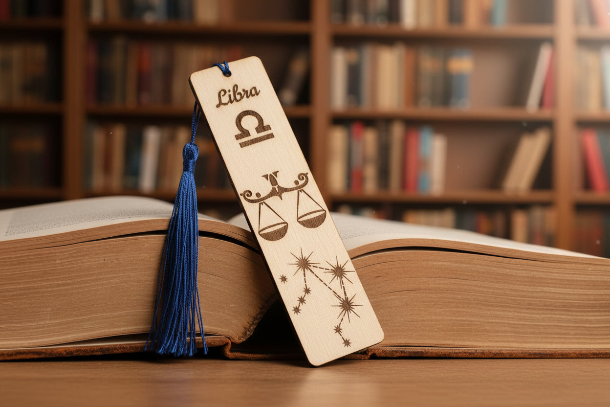 Wooden bookmark with Libra zodiac symbol and blue tassel