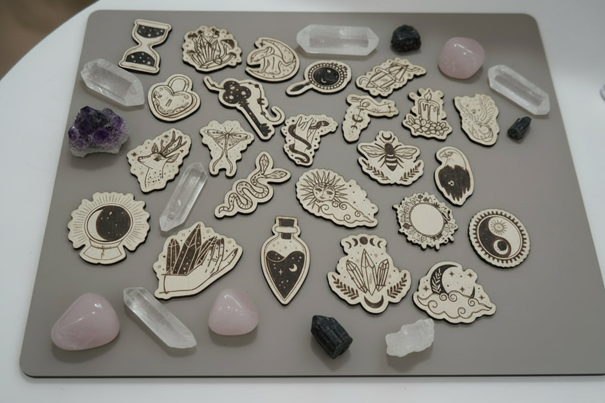 Collection of decorative wooden magnets and crystals 