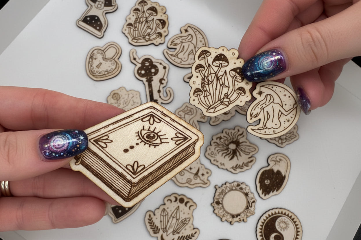 Wooden magnets with intricate mystical designs held over a collection of similar magnets 