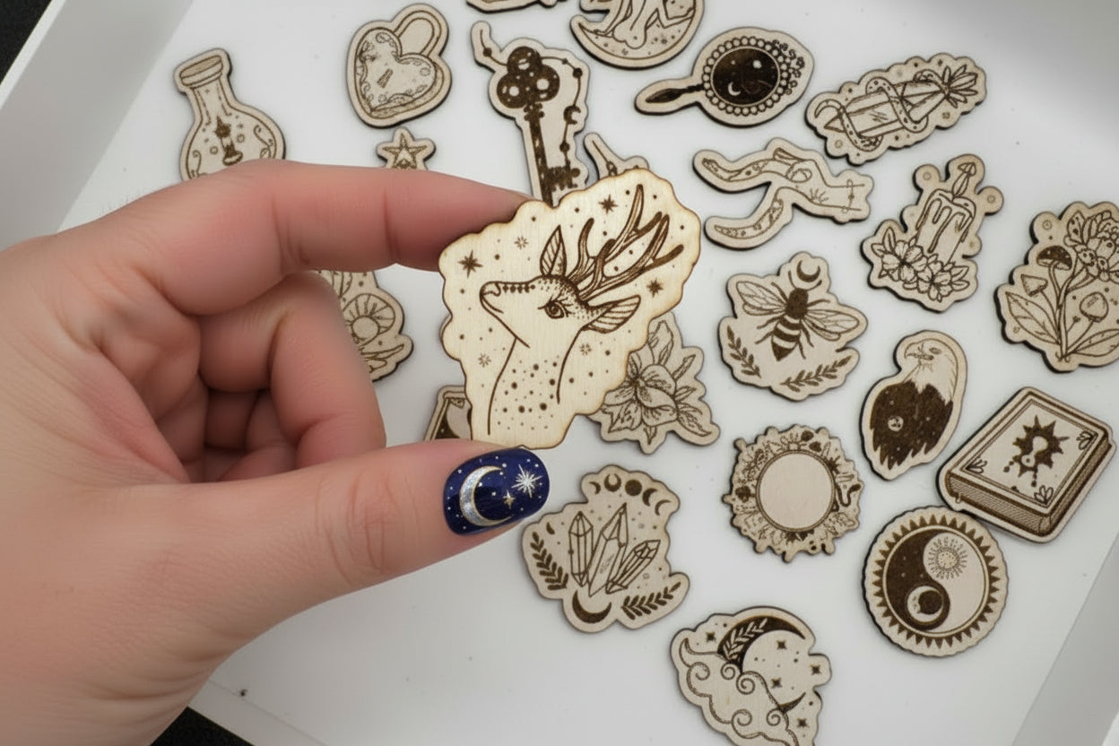 Hand holding a wooden mystic magnet with a deer design surrounded by various other magnets 