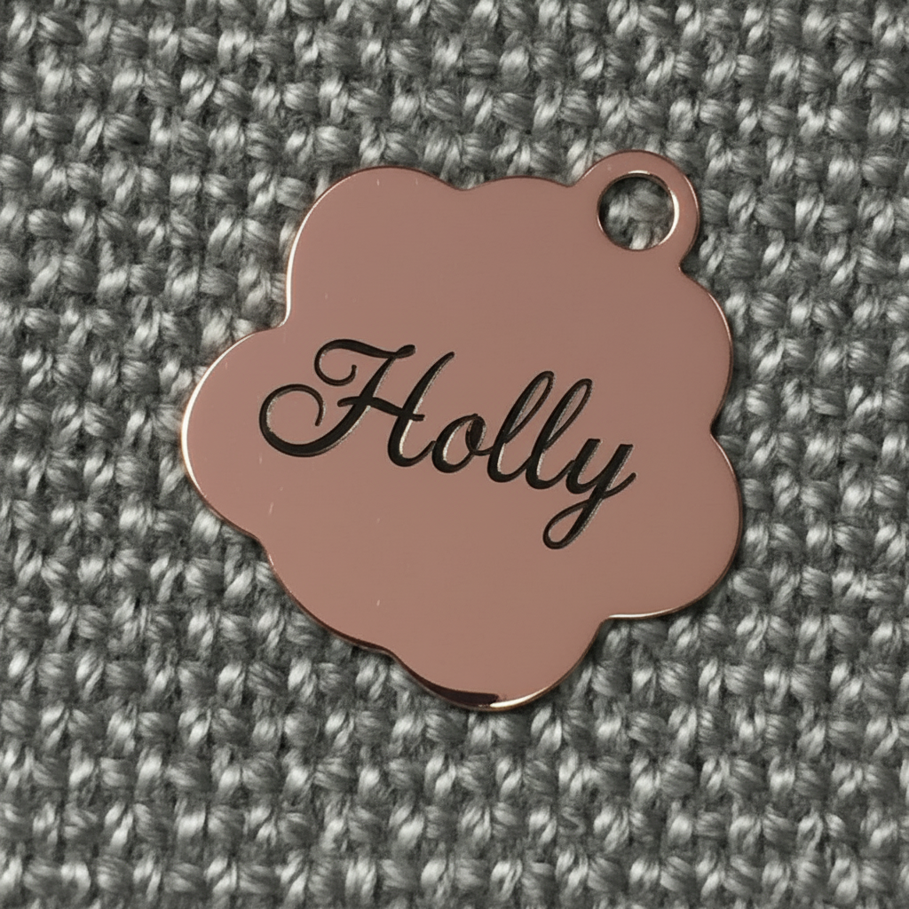 Bronze pet tag with 'Holly' engraved on a textured gray background