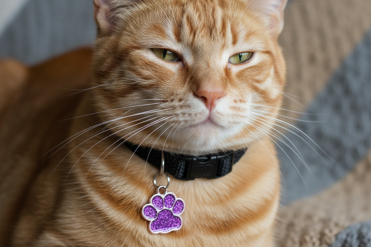 Orange cat wearing a black collar with a purple paw print tag that can be engraved.
