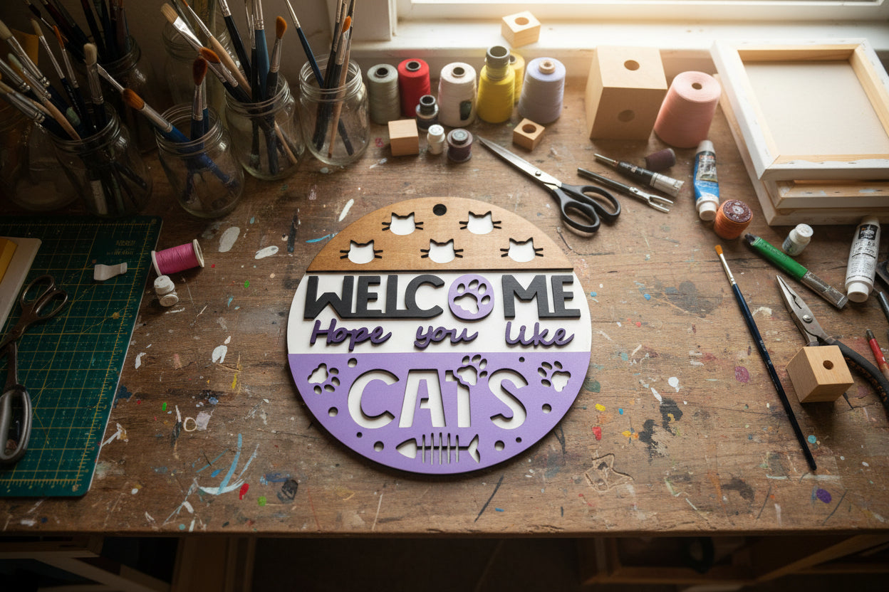 Round decorative sign with cat-themed text and graphics on