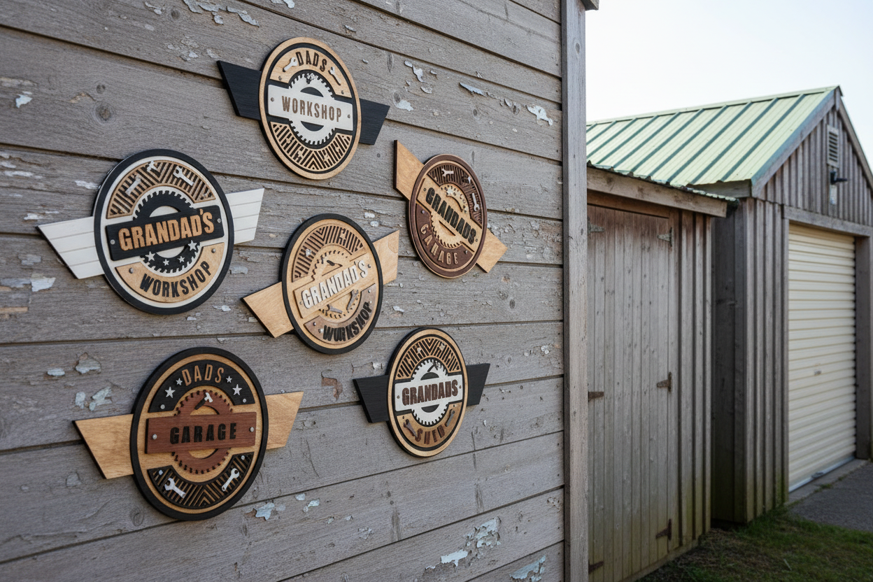 Wooden signs with 'Grandad's Workshop' and 'Dad's Workshop' design on a wooden wall.