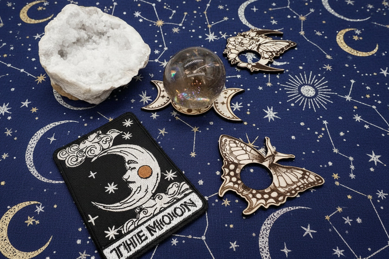 Decorative items including a crystal ball, moonstone, and celestial-themed sphere stands on a starry night sky background.