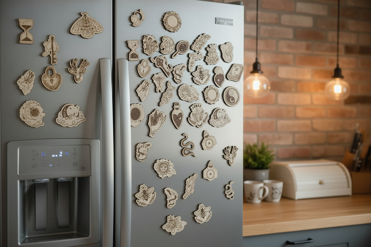 Mystic fridge magnets on a fridge