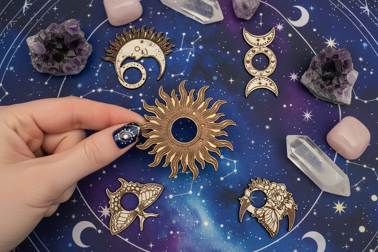 Decorative celestial sphere stands on a starry night sky background with crystals