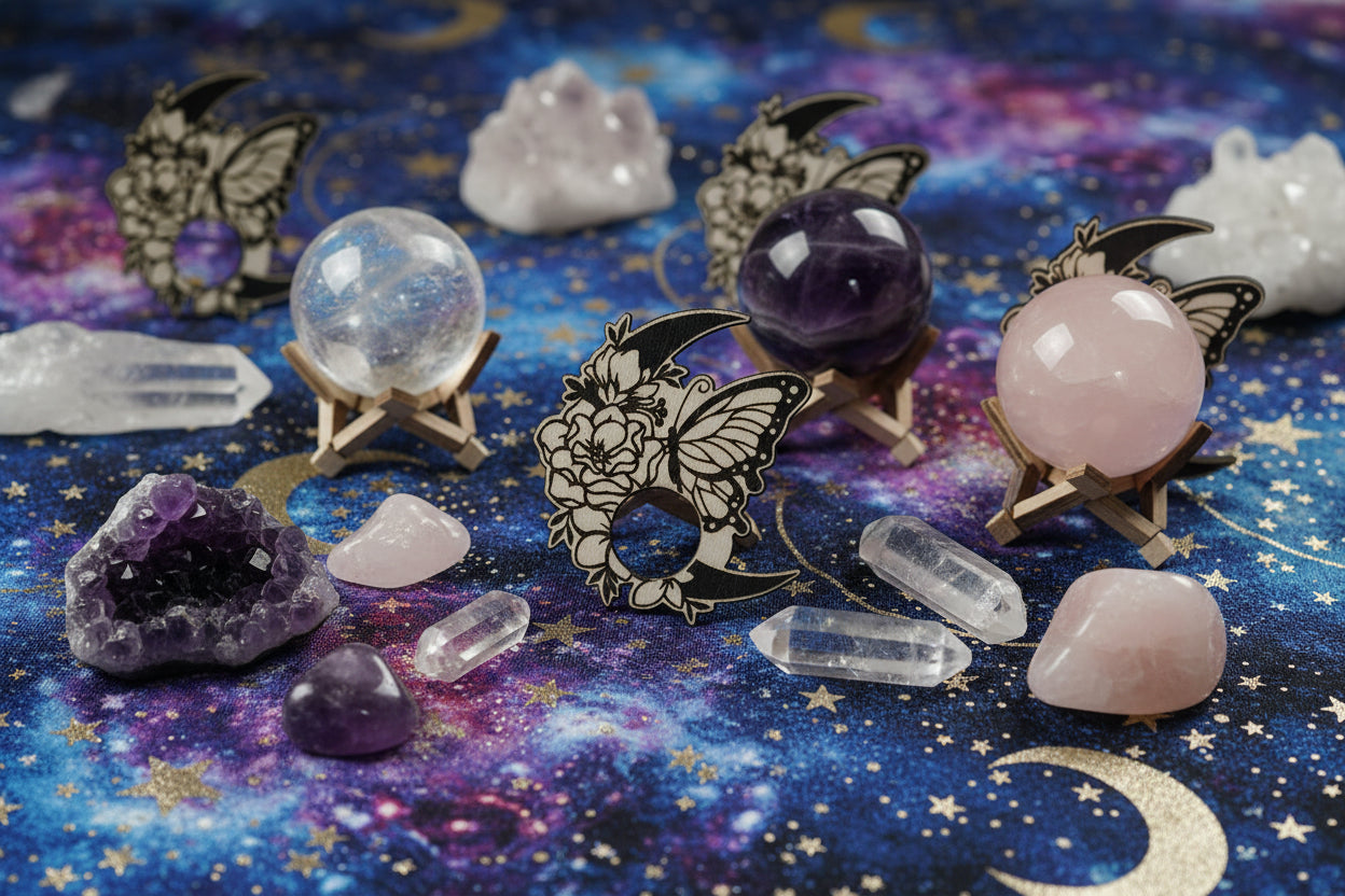 Decorative sphere stand with butterfly, flowers, and crescent moon design