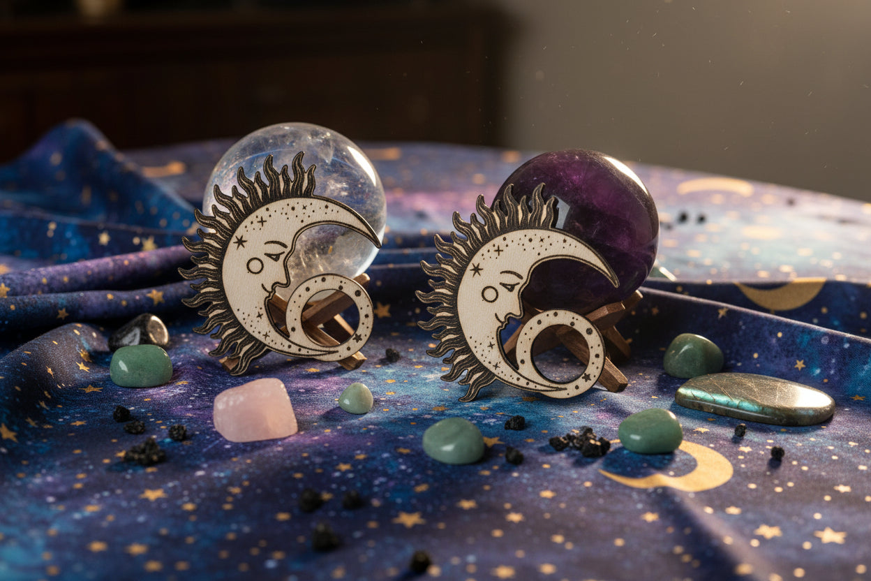 Pair of celestial-themed sphere stands on a starry background with crystals.