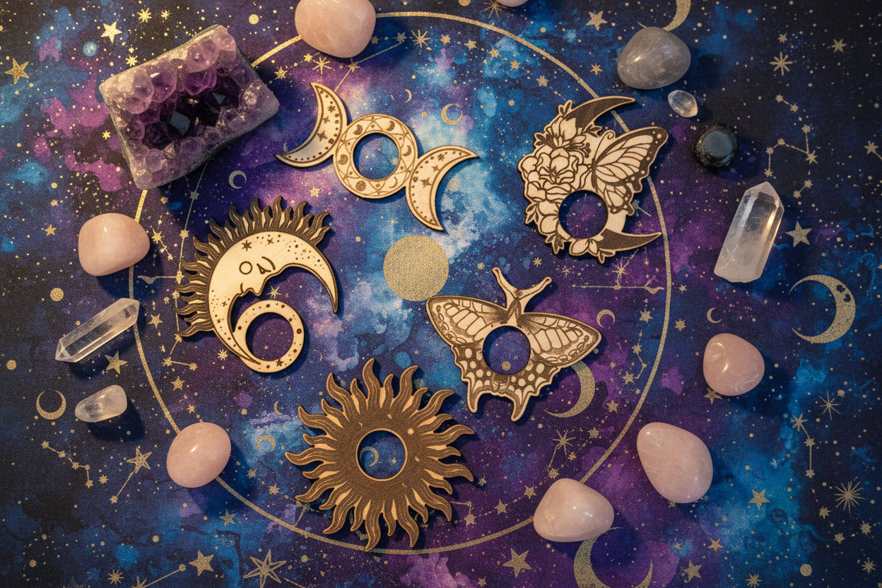 Set of decorative wooden sphere stands with celestial designs 