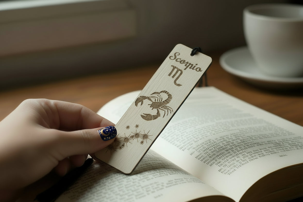 Hand holding a Scorpio-themed bookmark over an open book